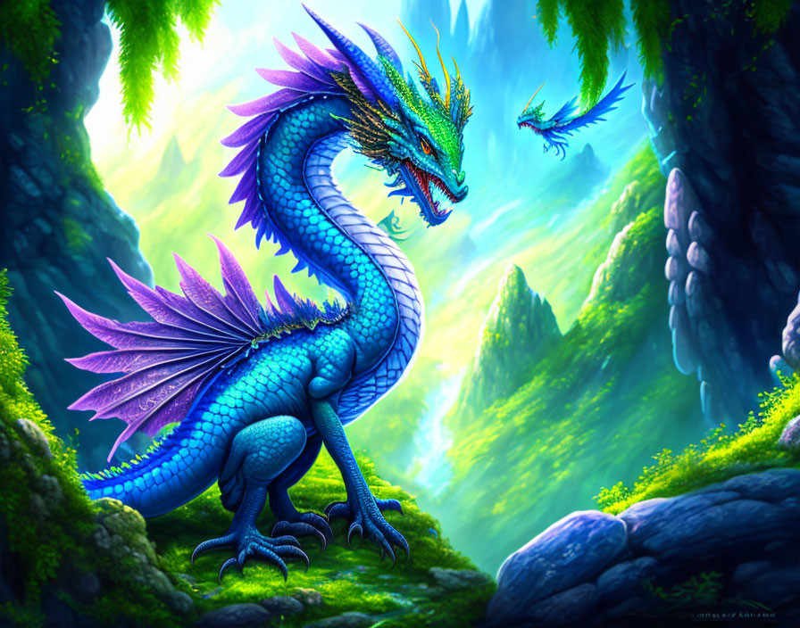 Blue and green dragons in lush forest setting