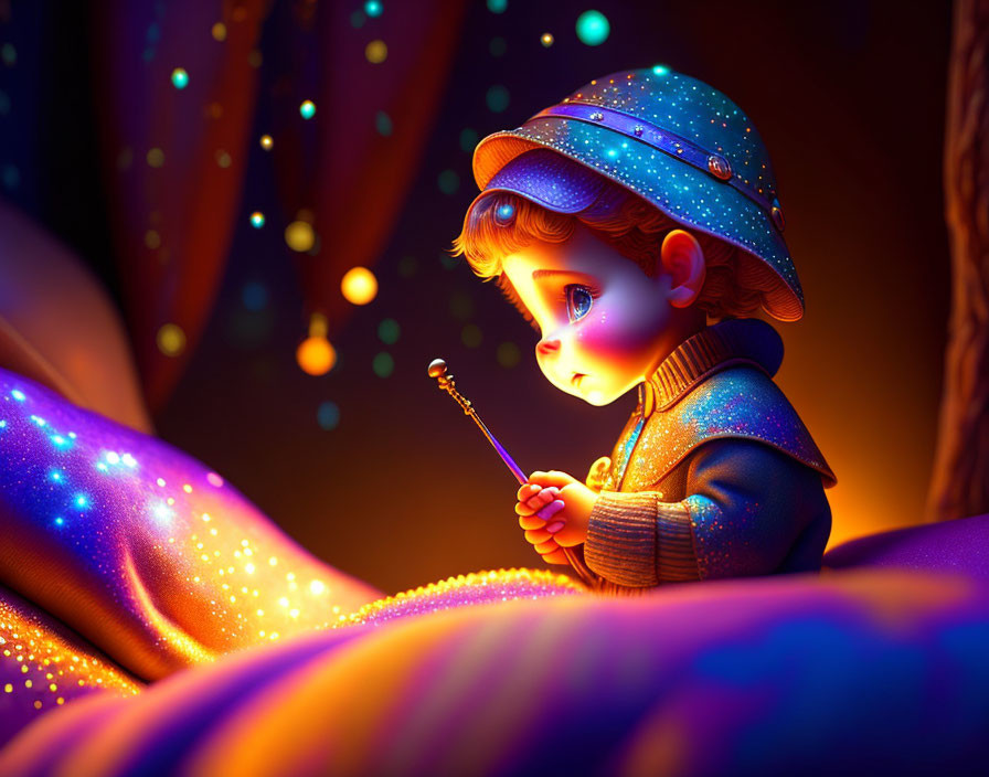 Child in starry hat with wand in magical scene