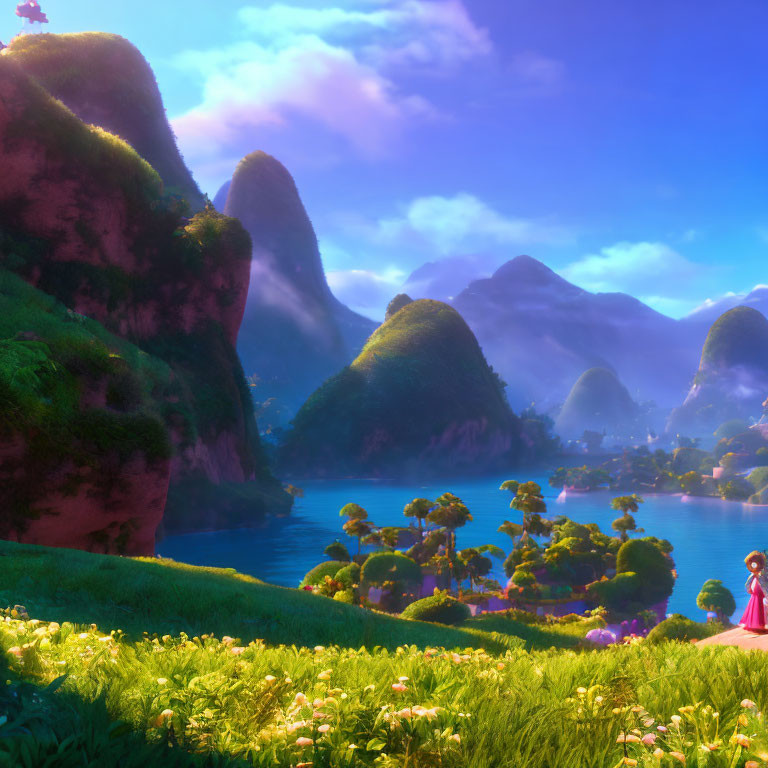 Colorful animated landscape with green hills, serene lake, trees, and red-clad figure.