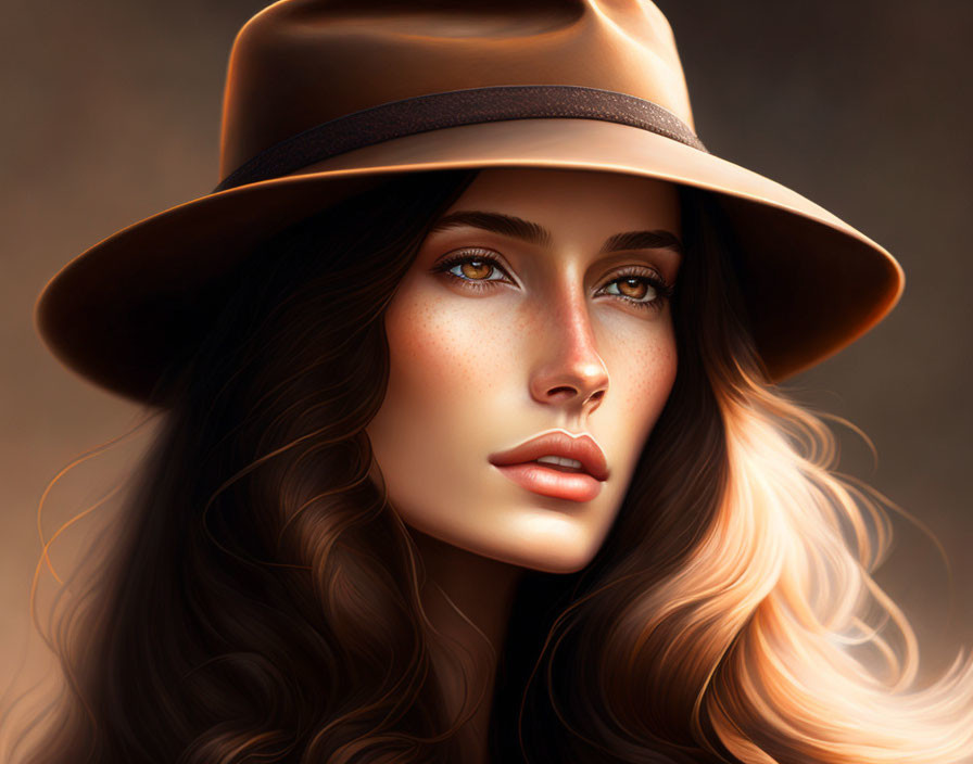 Woman with Wavy Hair and Brown Hat, Intense Brown Eyes