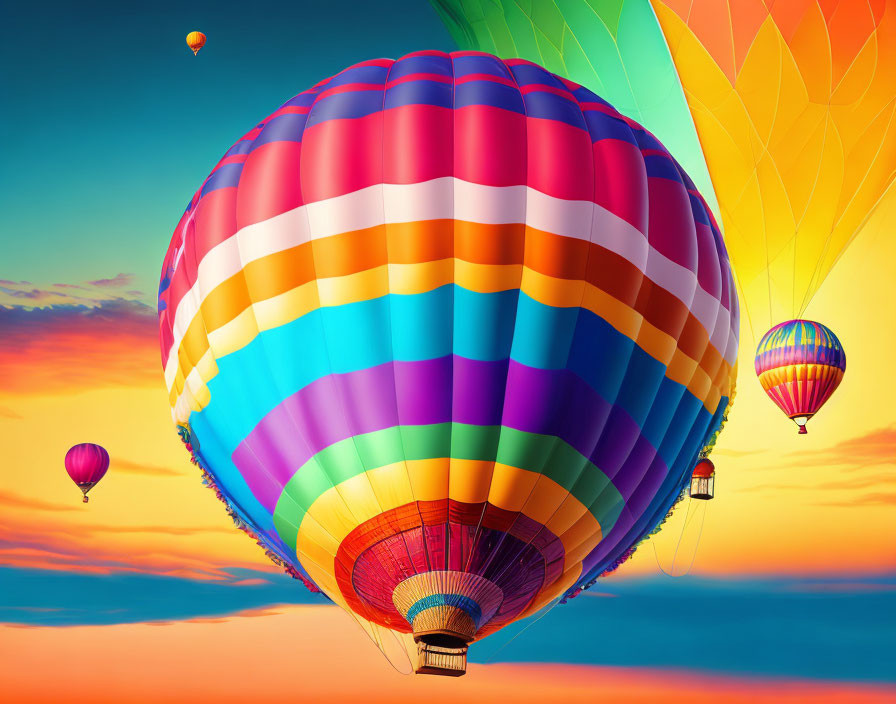 Vibrant sunset sky with colorful hot air balloons