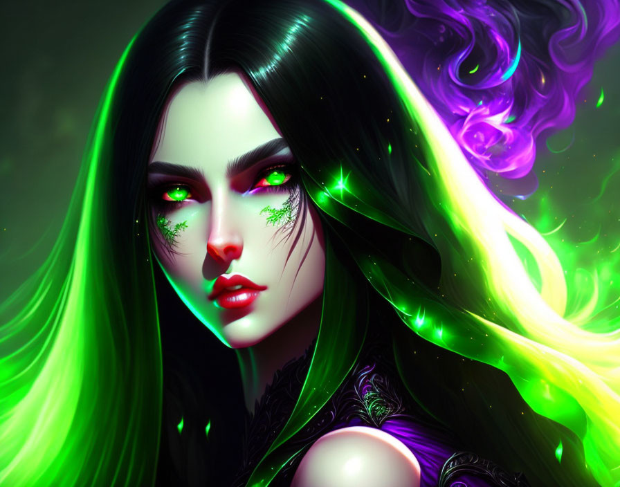 Digital Artwork: Woman with Glowing Green Eyes and Neon Green Highlights