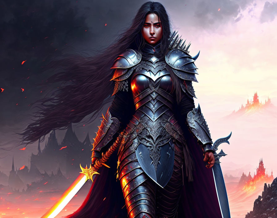 Warrior woman in dark armor with glowing sword in fiery landscape