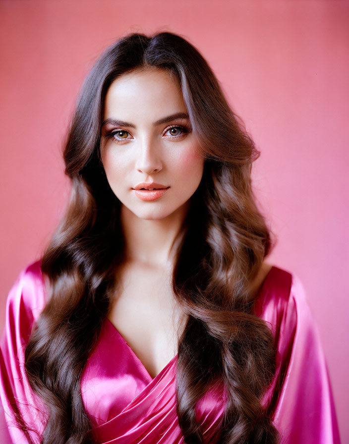 Woman in Wavy Hair and Makeup in Pink Satin Robe on Pink Background