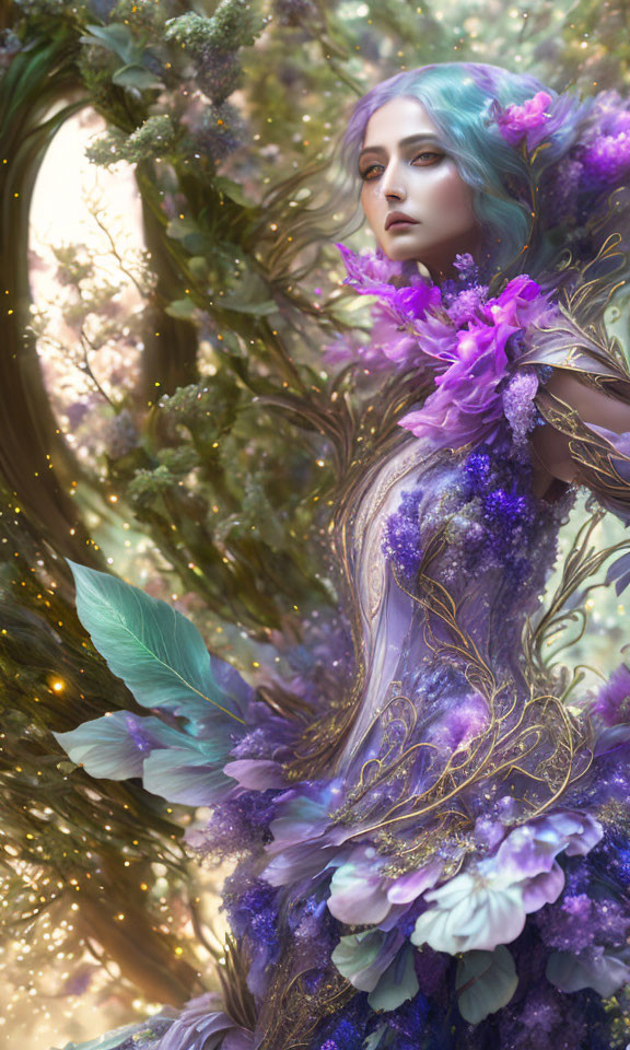 Illustration of figure with blue hair in purple floral attire blending with fantastical forest.