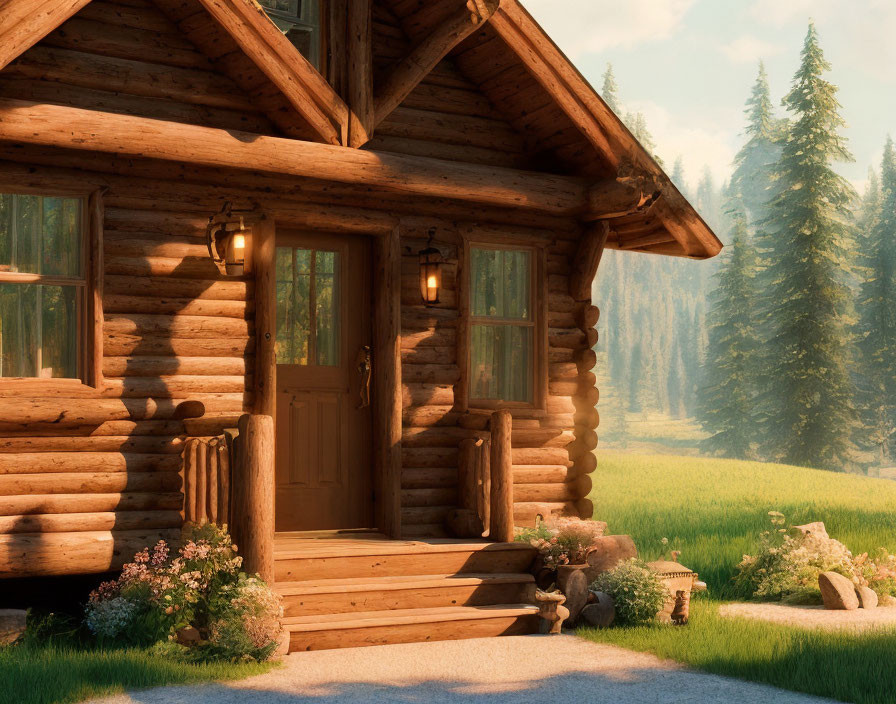 Rustic log cabin with front porch in tranquil forest meadow