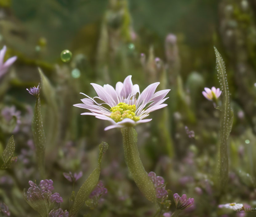 White and Pink Daisy with Yellow Center in Greenery Bokeh Garden