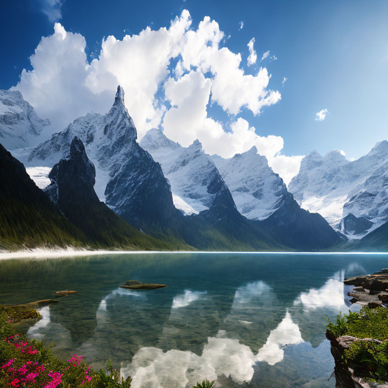 Snow-Capped Mountains Reflected in Alpine Lake