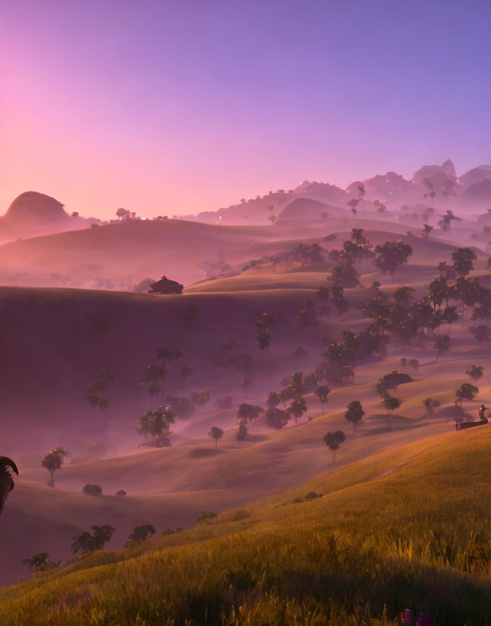 Pink Sunrise Over Rolling Hills and Mountains with Tree Silhouettes