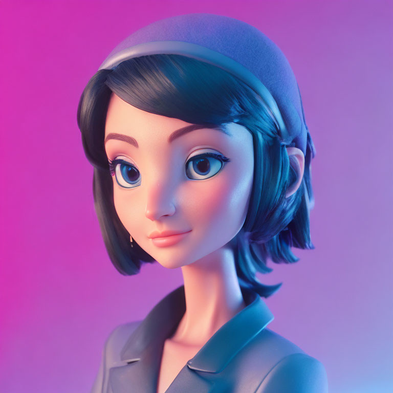 Short-haired female character in hat and jacket, pink and purple portrait