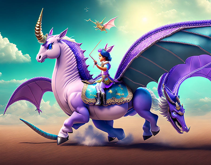 Child knight riding unicorn with butterfly wings, dragon flying in scenic sky