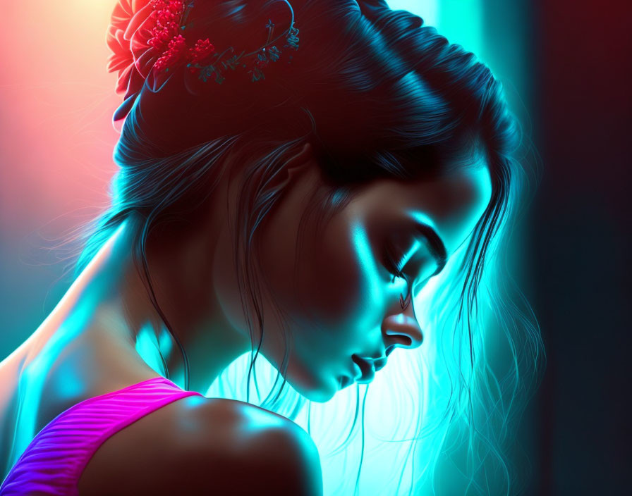 Vibrant neon light illuminating woman's profile in blue and red hues