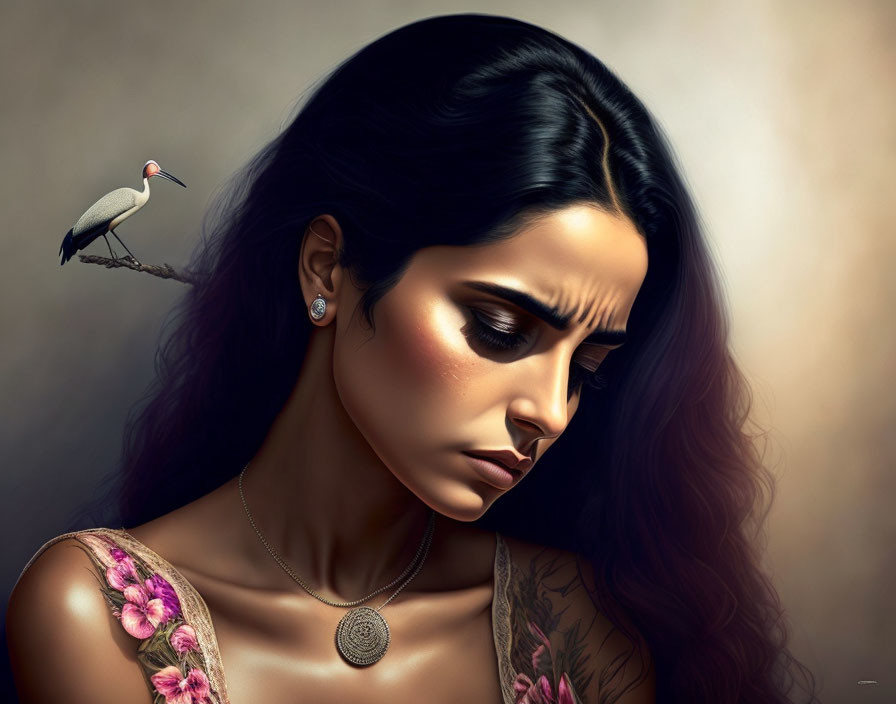 Digital artwork: Woman with long dark hair, tattoos, and bird on branch