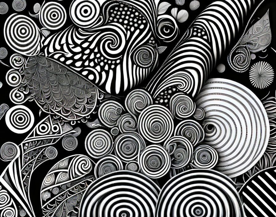 Abstract Black and White Illustration with Swirls, Circles, and Ornamental Shapes