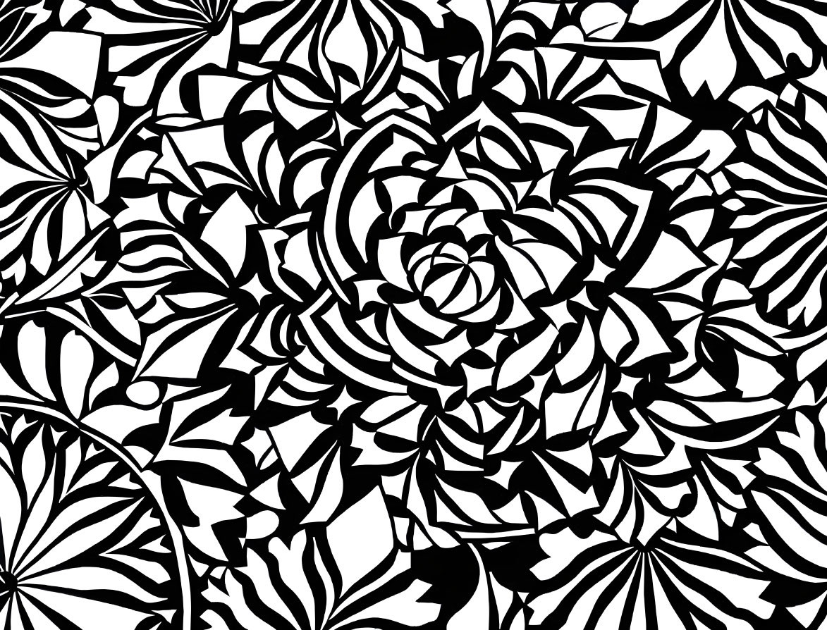 Black and White Floral Pattern with Varied Shapes and Sizes of Flowers and Leaves