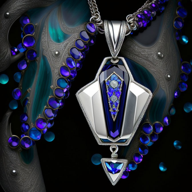 Silver and Blue Pendant with Sapphires and Stones on Dark Background