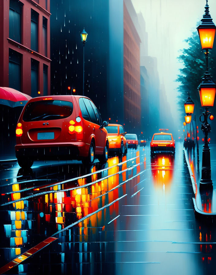 Rainy street scene with cars, street lamps, and reflections in red and blue.