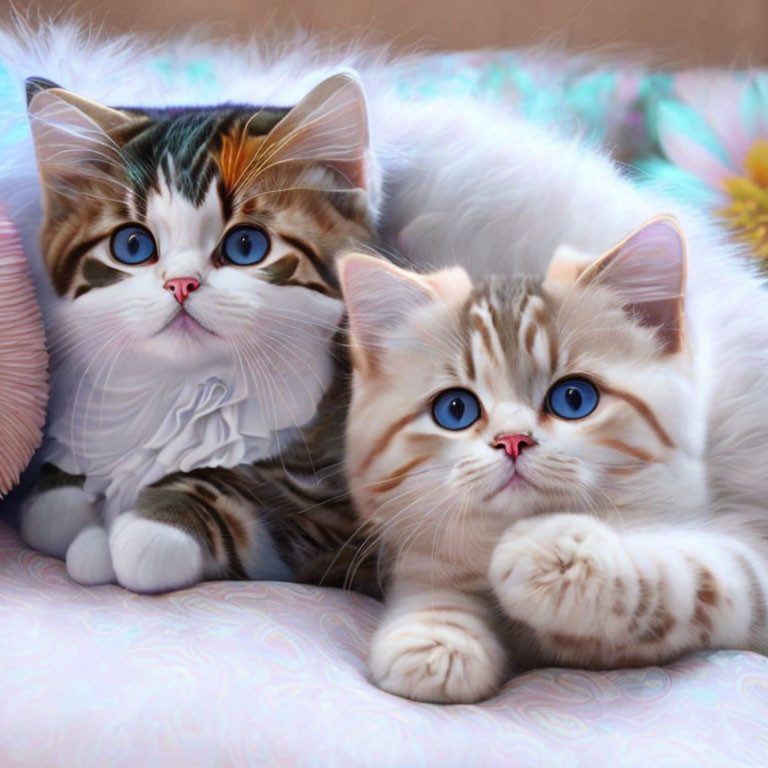 Fluffy Kittens with Blue Eyes Resting on Soft Surface