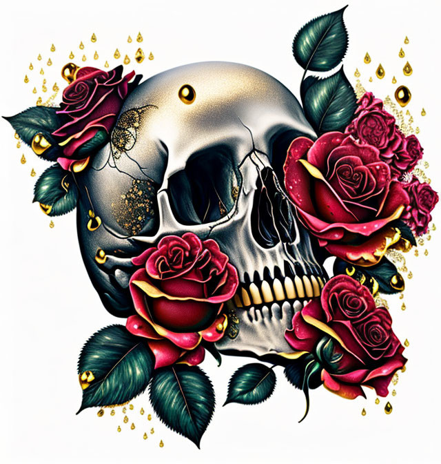 Metallic skull with gold accents, red roses, and golden teardrops