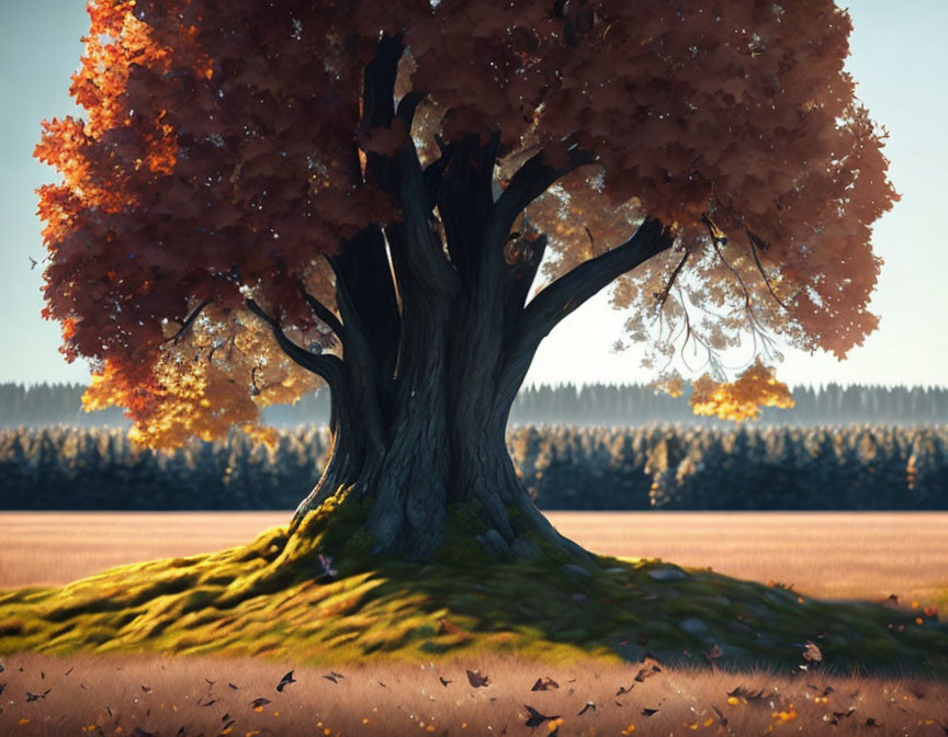 Majestic tree with thick trunk and autumnal leaves on sunlit hillock