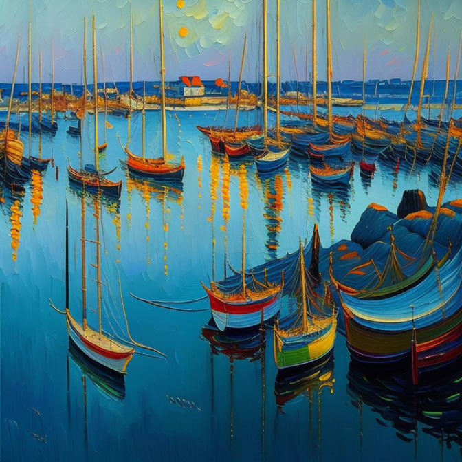 Colorful Sunset Painting: Boats with Vibrant Reflections