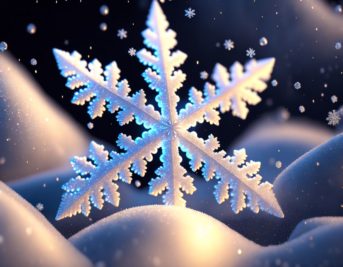 Detailed Snowflake Floating Above Snowy Landscape