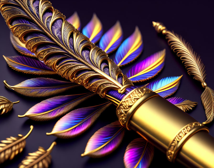 Golden Quill with Multicolored Feathers on Dark Background