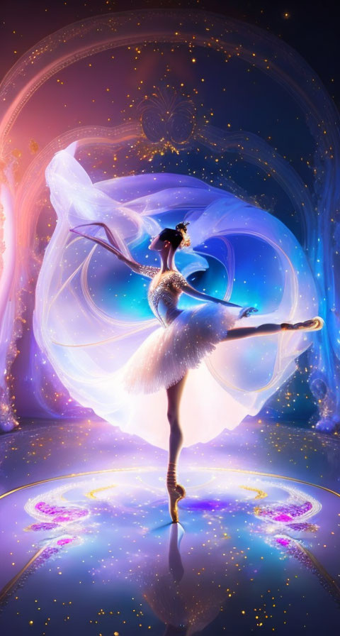 Ballerina in elegant pose on one leg with mystical backdrop.