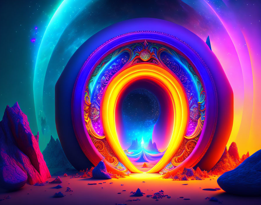 Multicolored layered portal in alien landscape under starlit sky