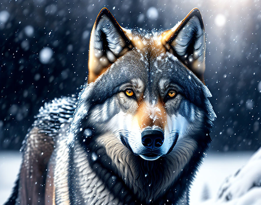 Majestic wolf with yellow eyes in wintry scene