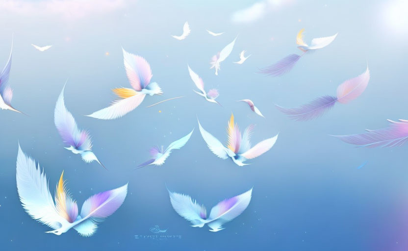 Colorful feathers drifting in serene blue sky with pink gradients, creating a dreamy scene