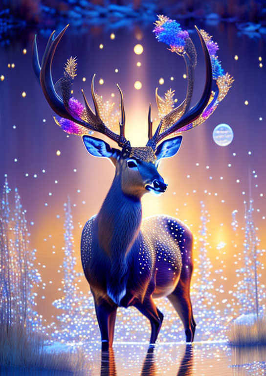 Mystical stag with glowing antlers in enchanted forest at twilight