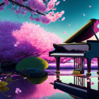 Grand Piano by Tranquil Pond with Cherry Blossoms at Twilight