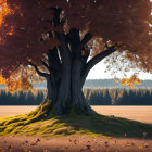 Majestic tree with thick trunk and autumnal leaves on sunlit hillock