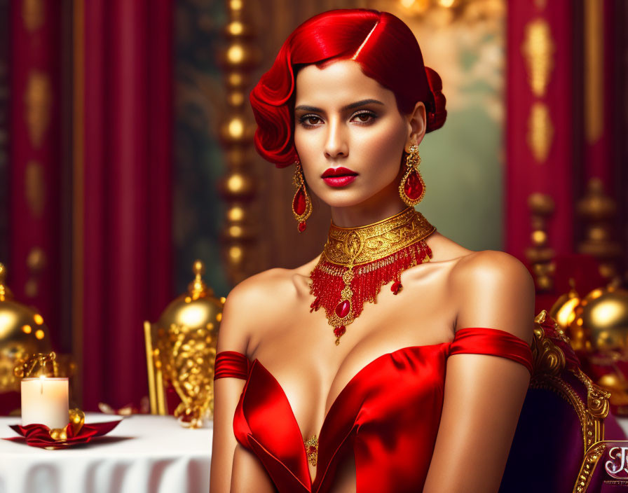 Red-haired woman in satin gown poses elegantly against red backdrop