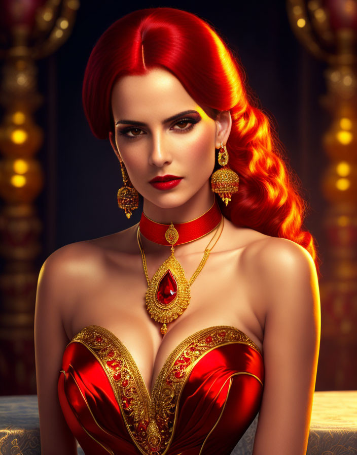 Red-haired woman in elegant updo wearing red and gold gown with matching jewelry