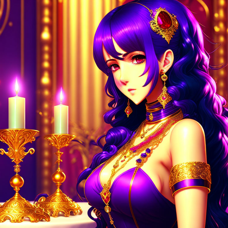 Illustrated woman with purple hair and royal attire in front of golden backdrop with candles