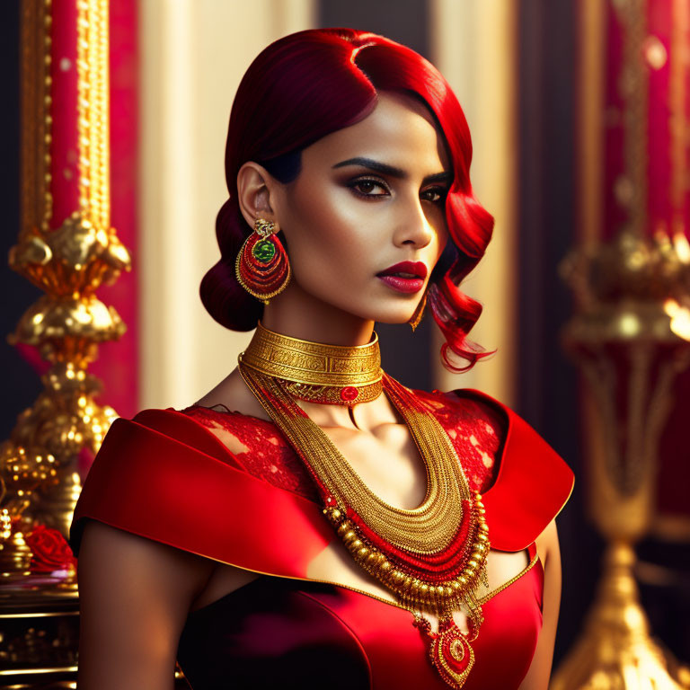 Red-haired woman in luxurious outfit and gold jewelry in opulent room