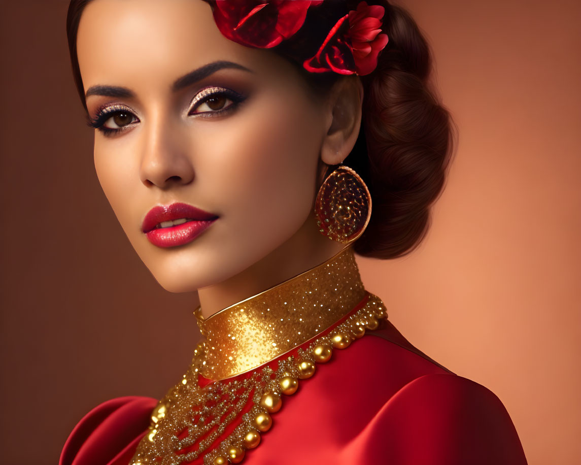 Stylish woman with updo in red dress and gold accessories