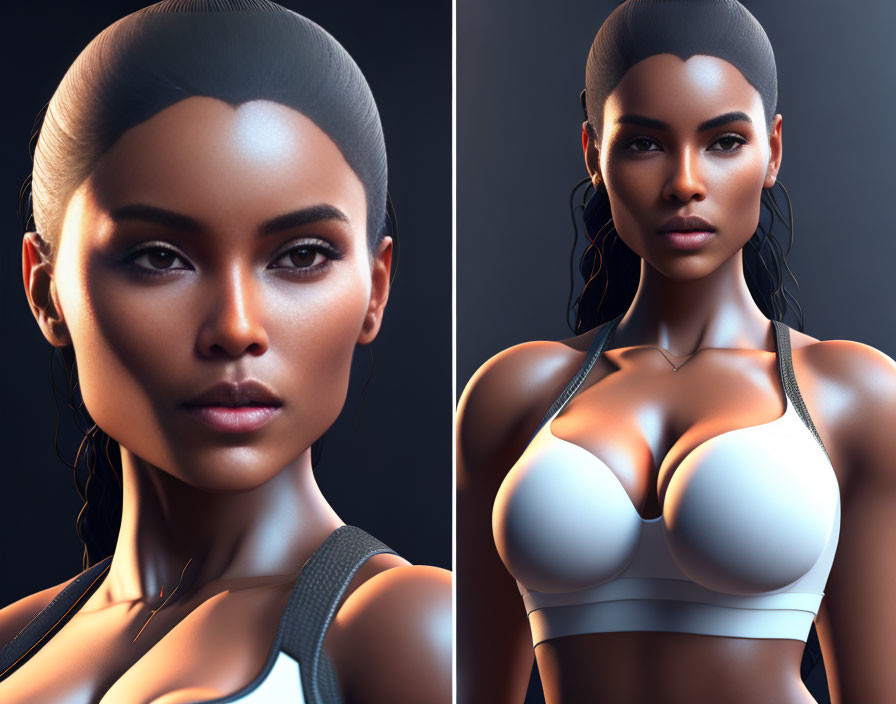 Fit Female Model in Sports Bra: 3D Render with Prominent Cheekbones