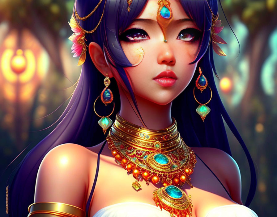 Female character portrait with large blue eyes and mystical jewelry.