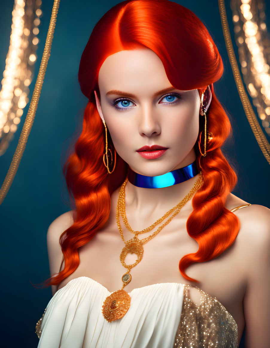 Vibrant red-haired woman in white dress against golden-lit blue backdrop