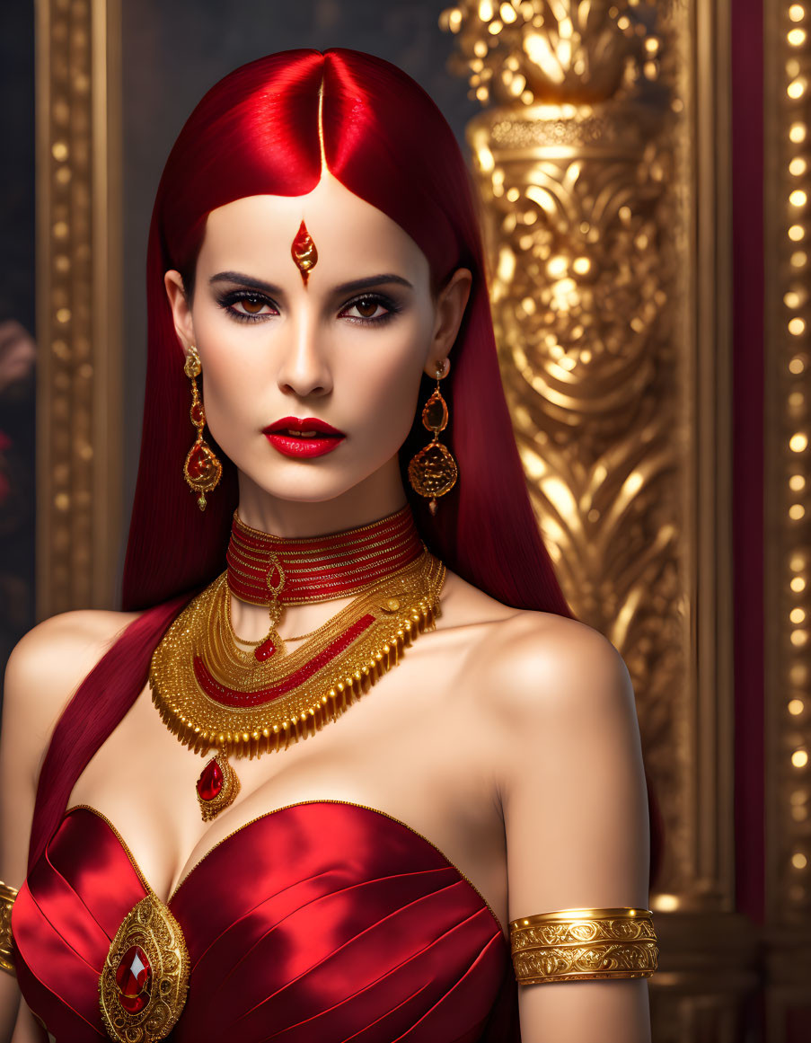 Digital portrait of woman with red hair in gold jewelry against ornate backdrop