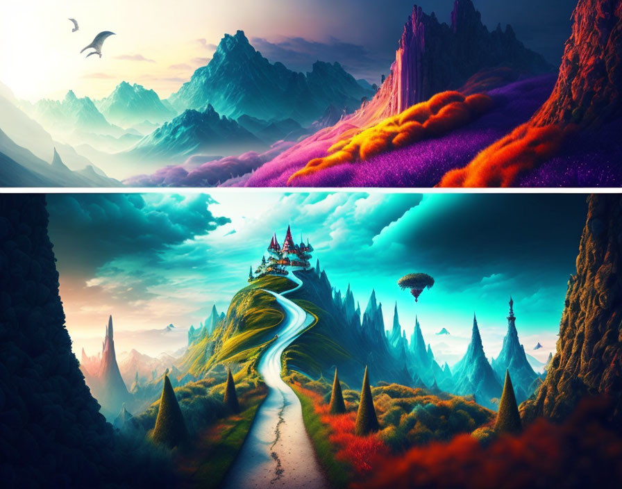 Majestic mountains, colorful skies, winding paths, and a castle in vibrant fantasy landscape