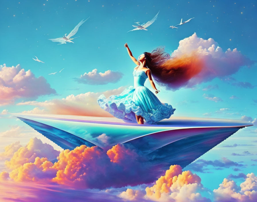 Woman in Blue Dress on Open Book with Birds in Vibrant Sky