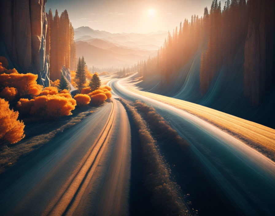 Scenic autumn forest road under hazy sky & mountains