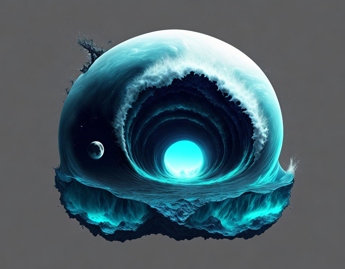 Swirling vortex-like wave in deep blue and light turquoise gradient against neutral background