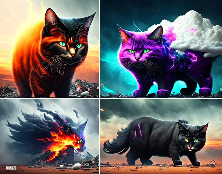 Stylized cat images with elemental themes: fire, electricity, storm, and cosmic aura