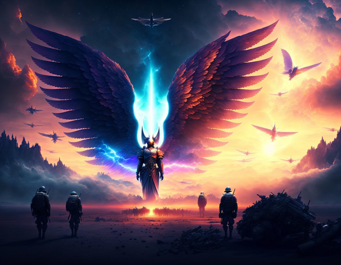 Majestic winged being surrounded by birds and armed figures at surreal sunset