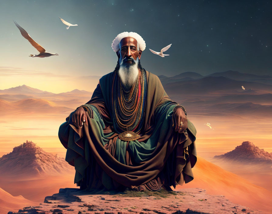 Man in Turban Sitting on Mountain Peak at Sunset with Flying Birds